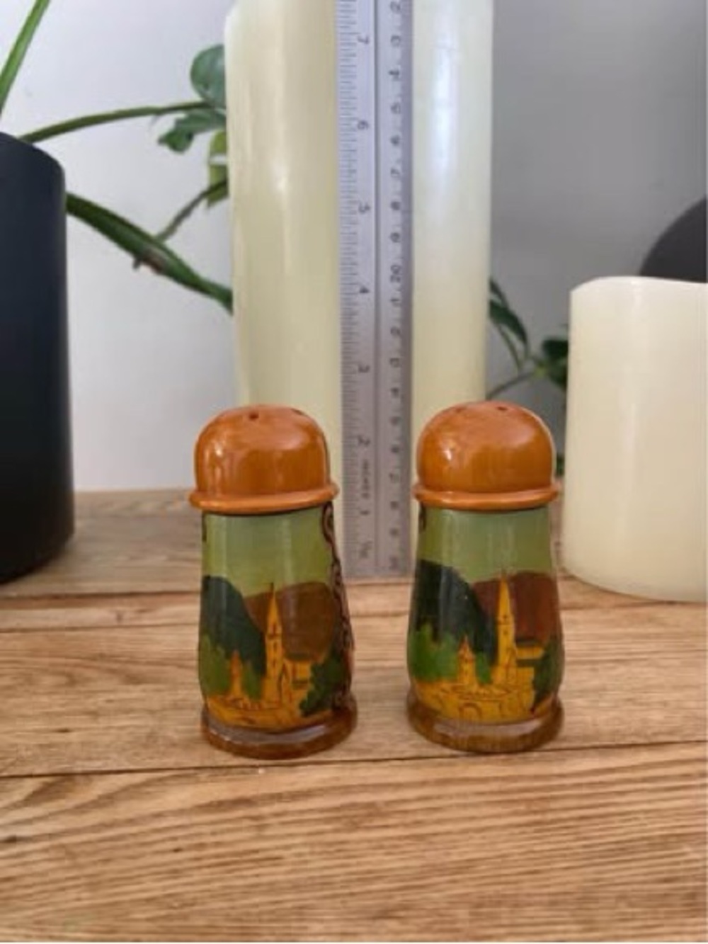 Vintage Hand-Painted Wooden Salt & Pepper Shakers - Lourdes Souvenir